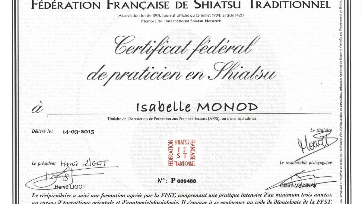 certificat fédéral FFST de praticien de shiatsu