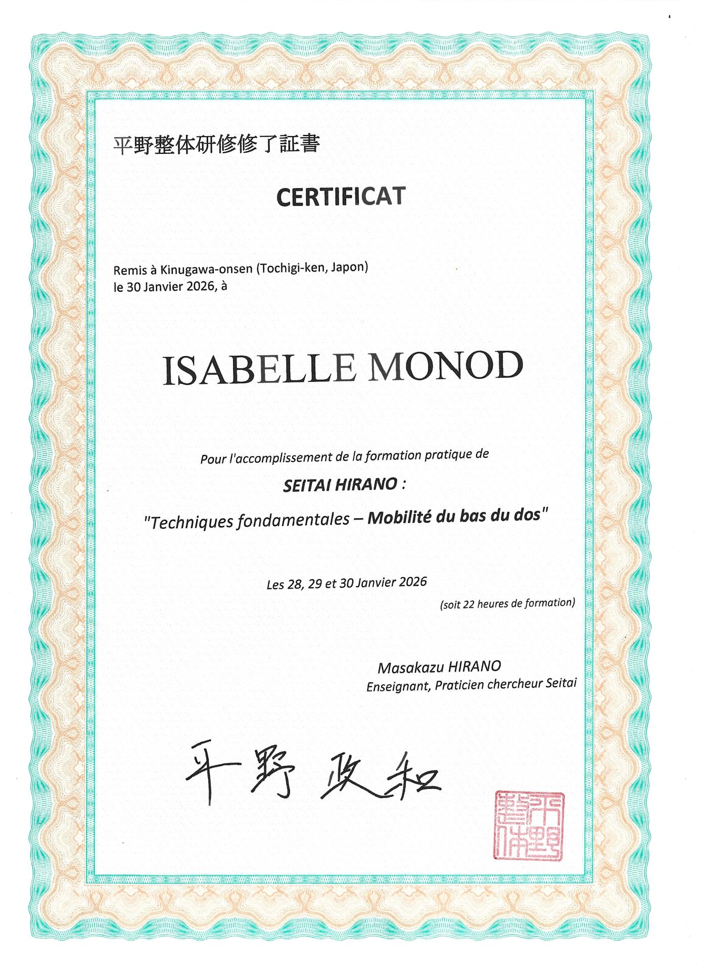 Certificat seitai hirano